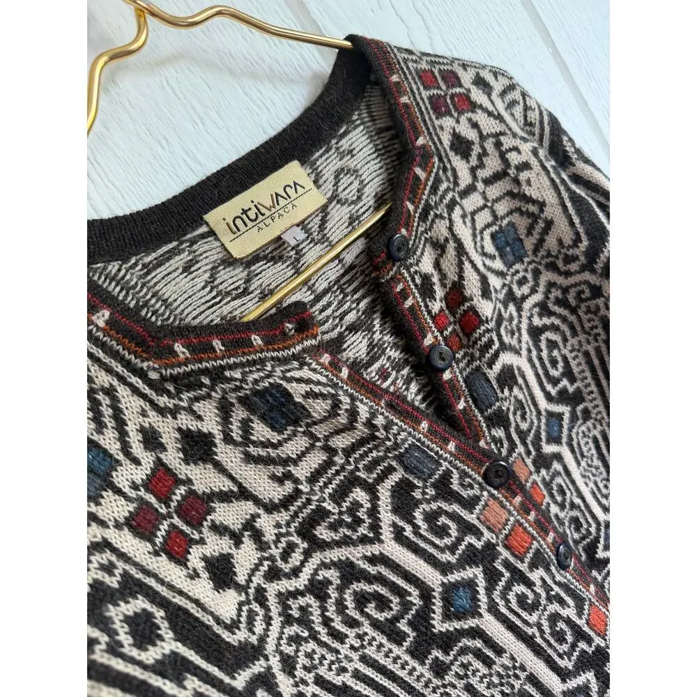 Vintage Intiwara Alpaca Wool Handmade Cardigan Sweater Print Large